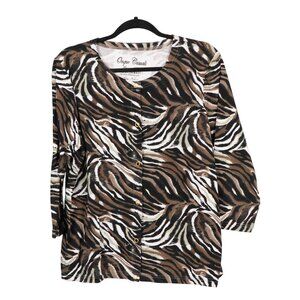Tiger Print Cardigan XL Women Onque Casuals Brown White Snaps Cotton Boho Earthy